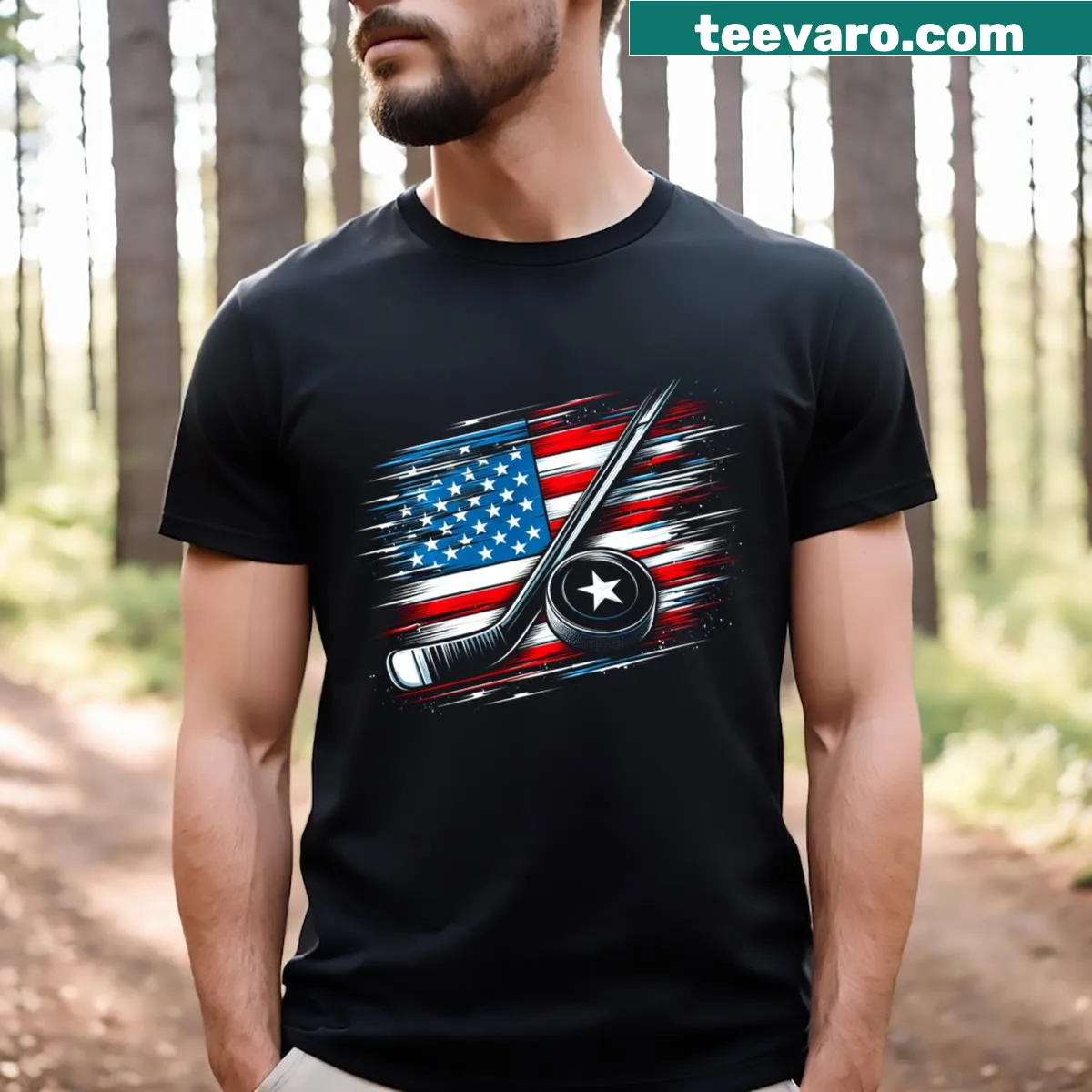 Patriotic ice hockey t-shirt for Independence Day with playful graphics — on a men's t-shirt
