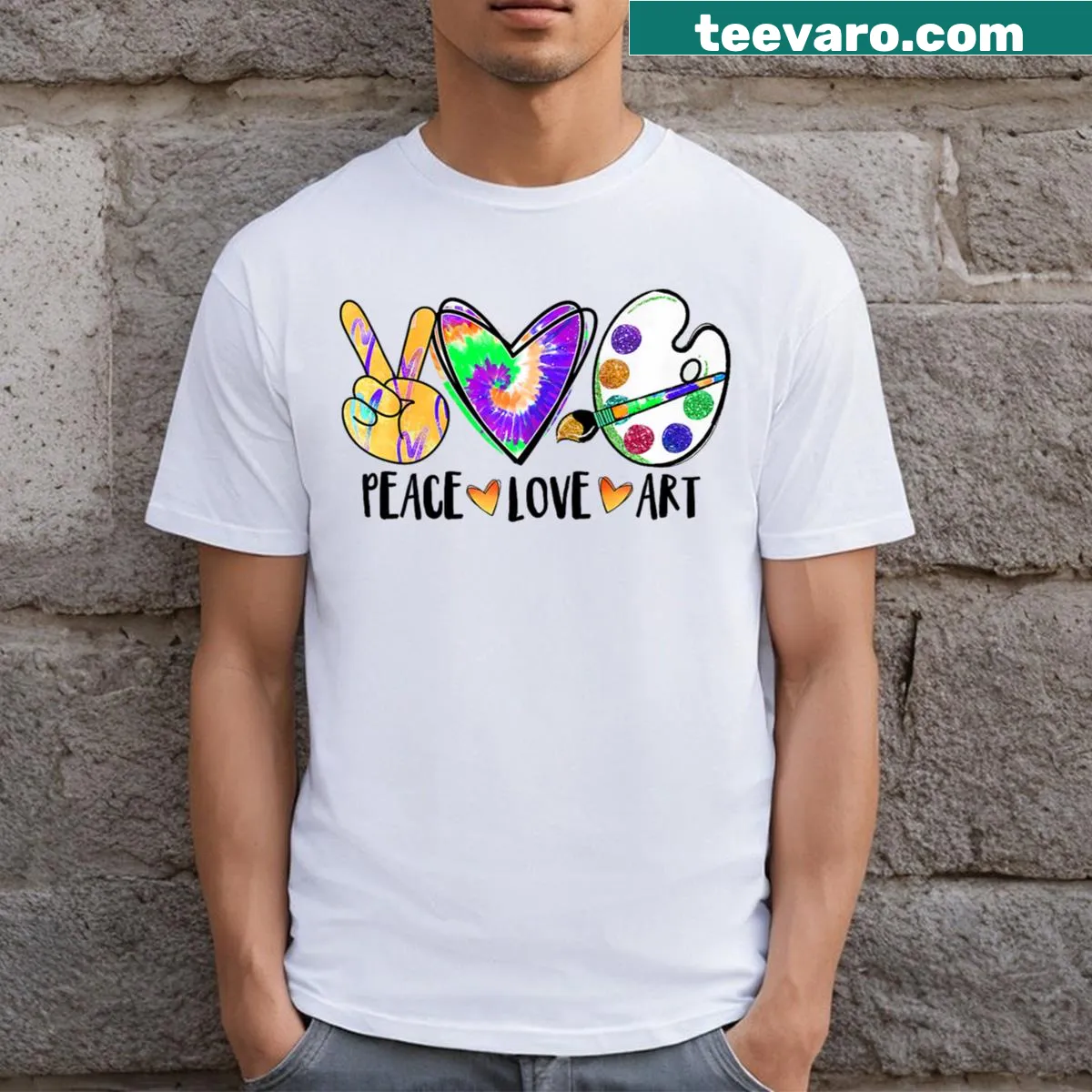 T-shirt celebrating art teachers with a peace and love graphic — on a men's t-shirt