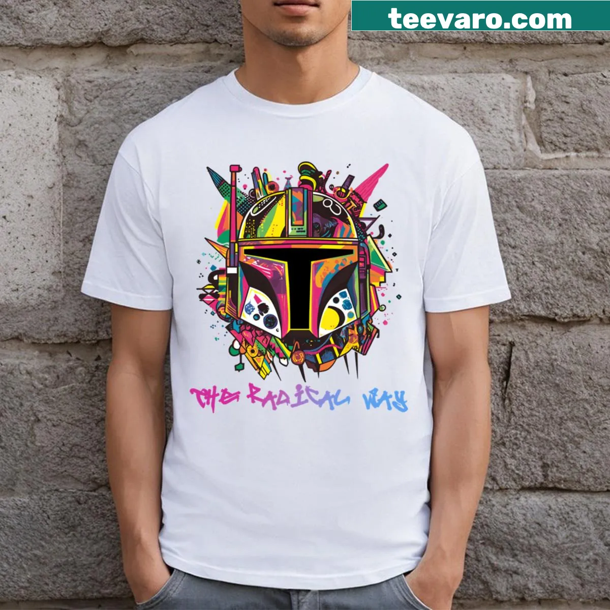 T-shirt featuring a Mando helmet graphic with playful gradient text — on a men's t-shirt