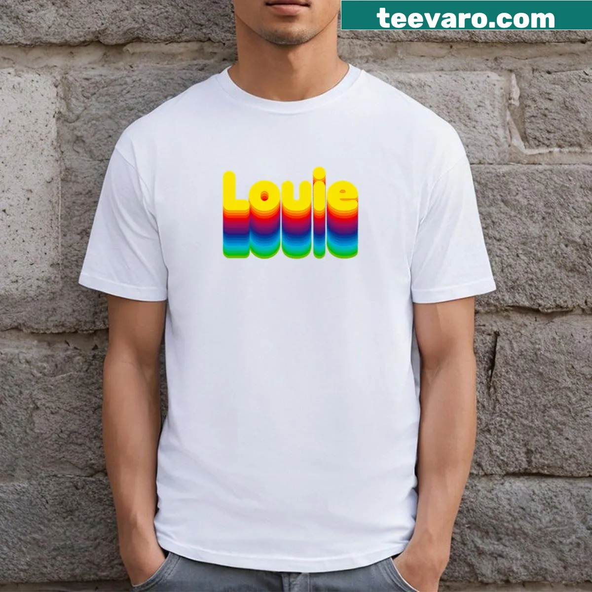 Colorful name label design featuring the name Louie in layers — on a men's t-shirt