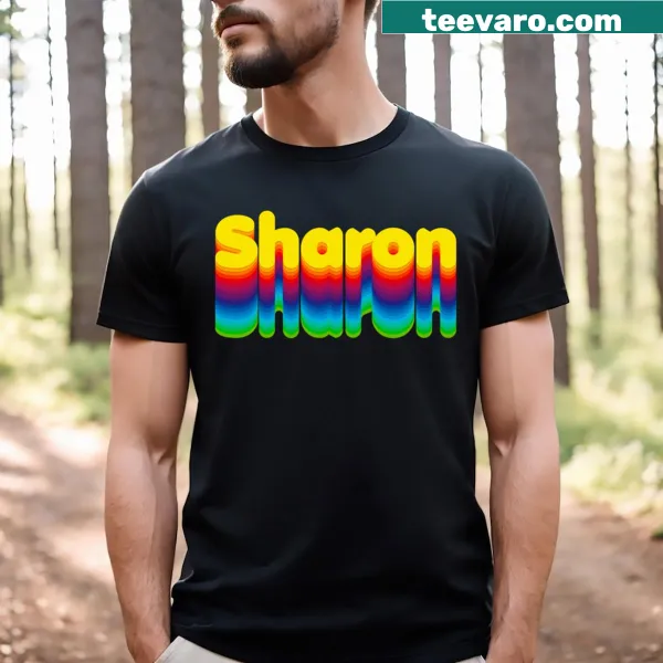 Colorful name label graphic on black shirt featuring the name Sharon