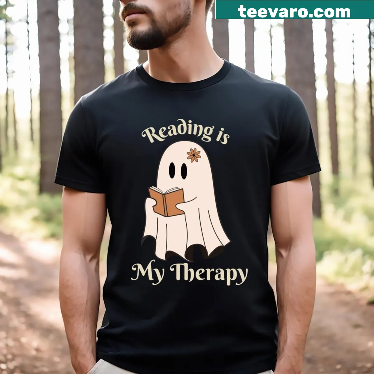 Halloween-themed t-shirt with a ghost and book-related text — on a men's t-shirt