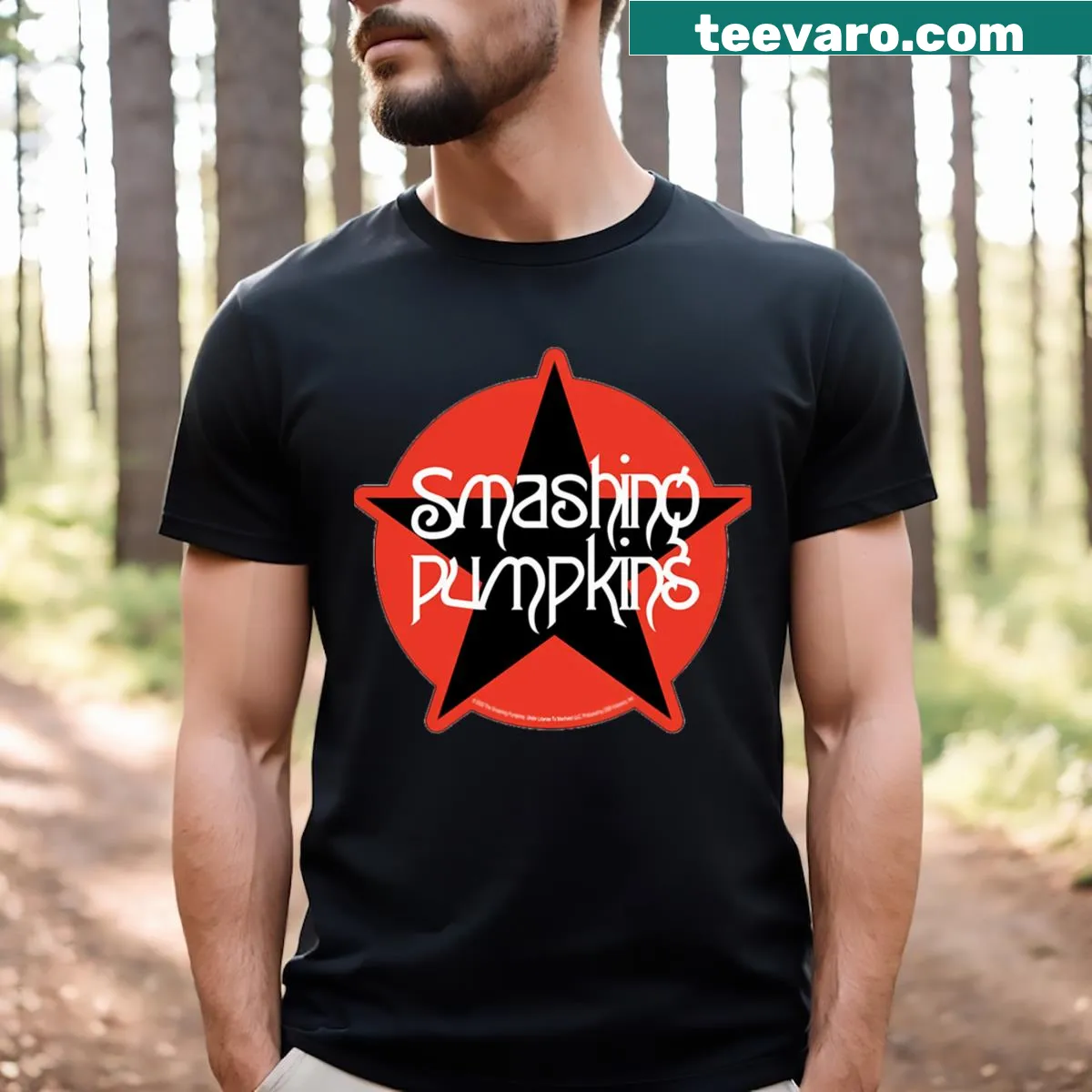 Vintage-style t-shirt featuring various band logos — on a men's t-shirt
