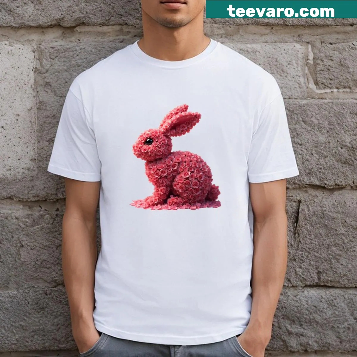 Illustration of a rabbit surrounded by flowers on a t-shirt — on a men's t-shirt