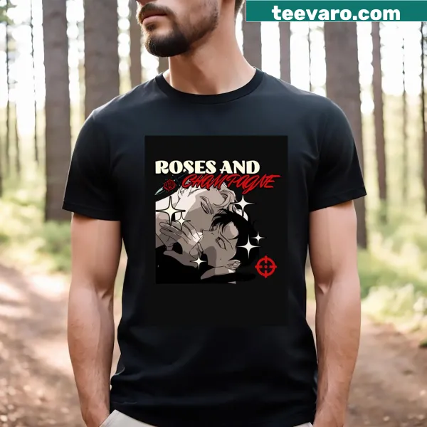 T-shirt with illustration of roses and champagne