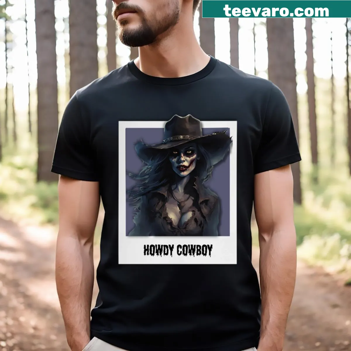 Cartoon graphic of a cowgirl on a Scary Cowgirl t-shirt — on a men's t-shirt