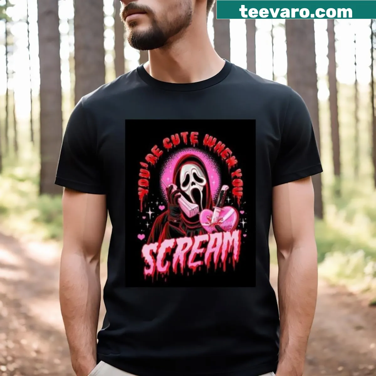 Scream-themed t-shirt featuring iconic horror imagery — on a men's t-shirt