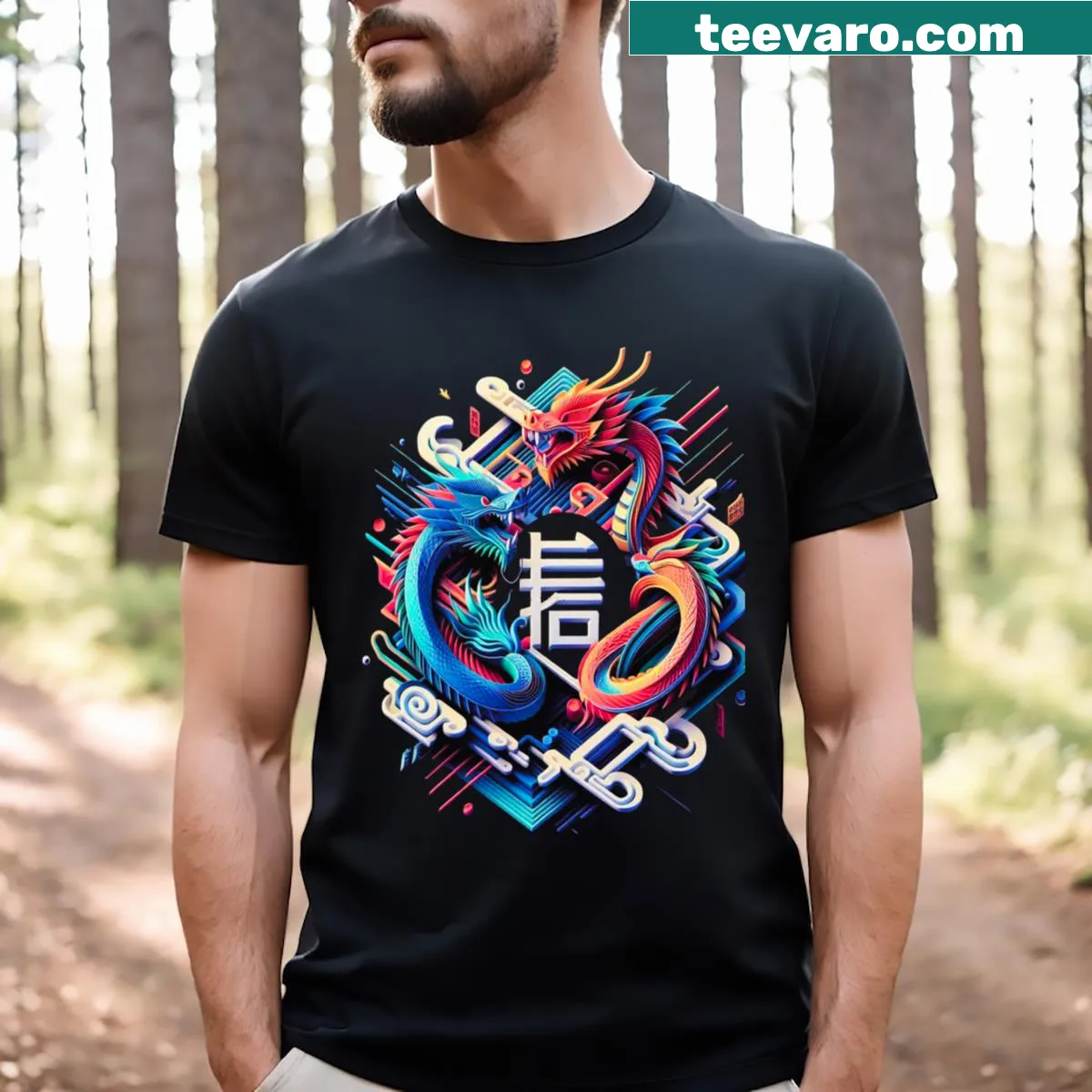 Illustrative t-shirt featuring a serene dragon-themed design — on a men's t-shirt