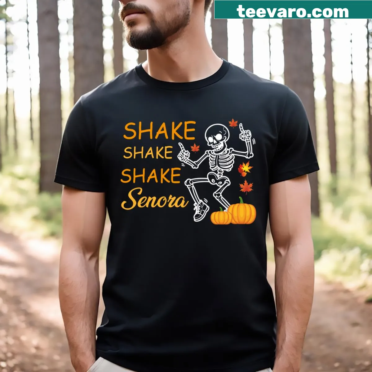 Halloween t-shirt with a funny skeleton and pumpkin design — on a men's t-shirt