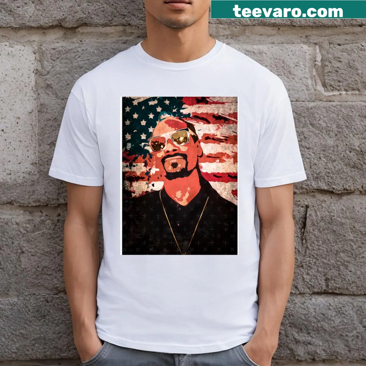 Cartoon portrait of Snoop Dogg on a playful t-shirt — on a men's t-shirt