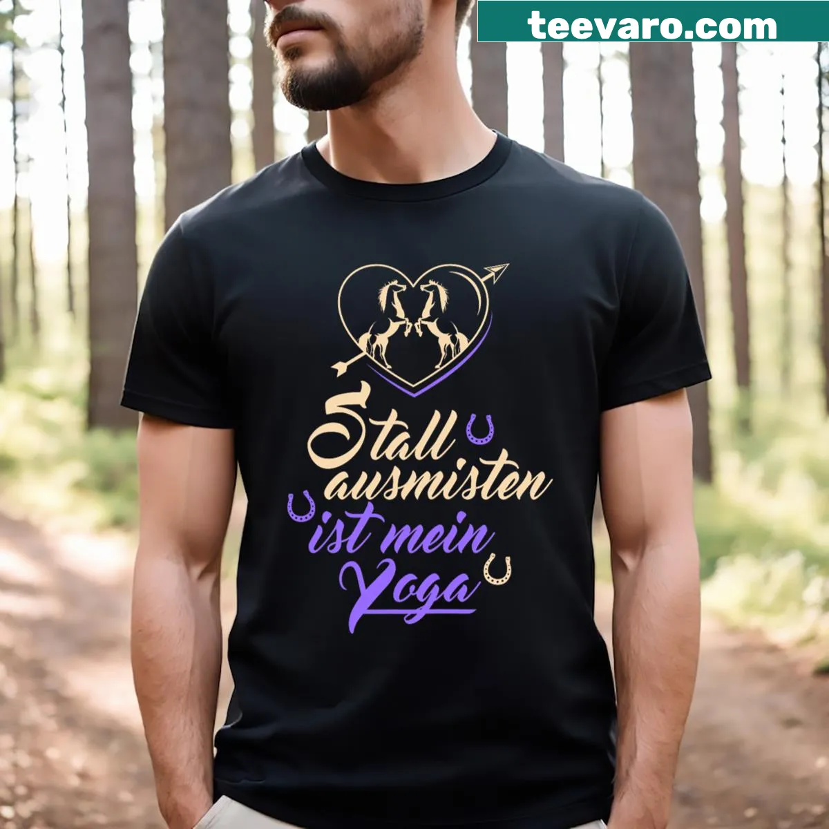 Funny horse sport t-shirt with humorous yoga-themed text — on a men's t-shirt
