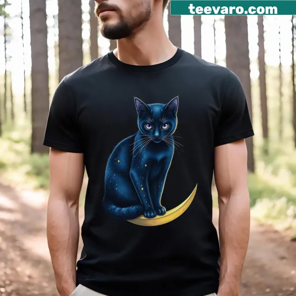 Whimsical cat illustration surrounded by stars on a T-shirt