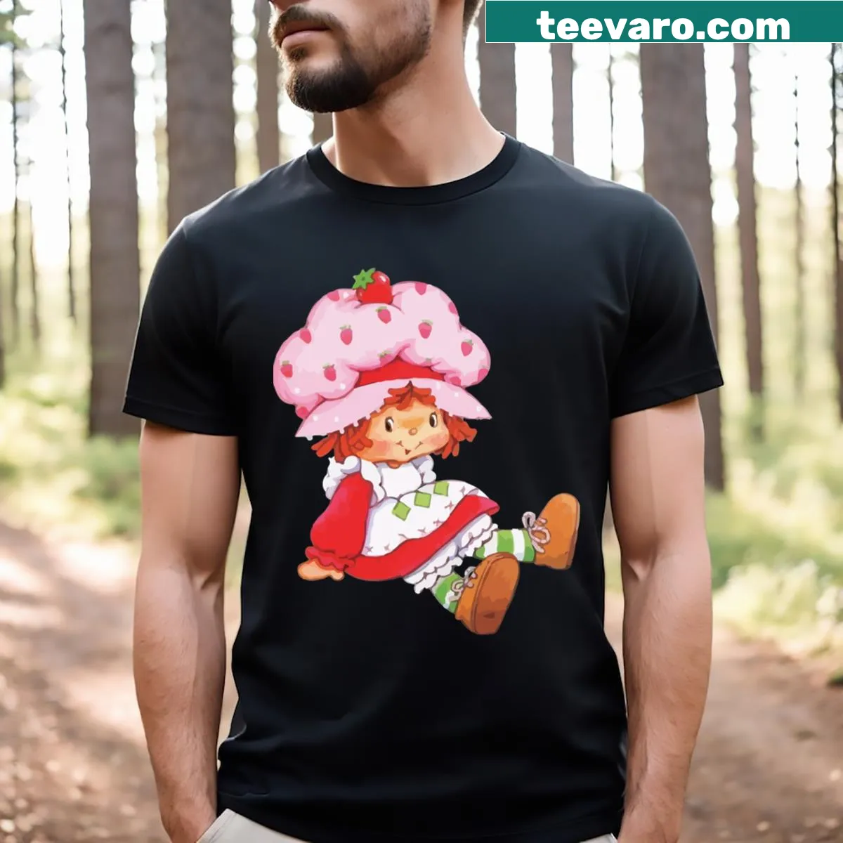 Vintage cartoon t-shirt featuring strawberries in retro style — on a men's t-shirt