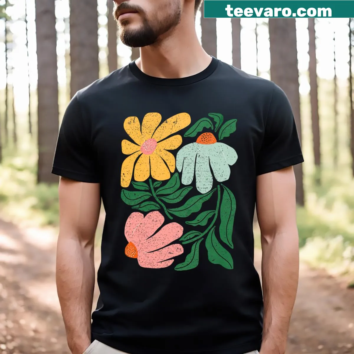 Boho aesthetic T-shirt featuring floral design in honor of Kamala Harris — on a men's t-shirt