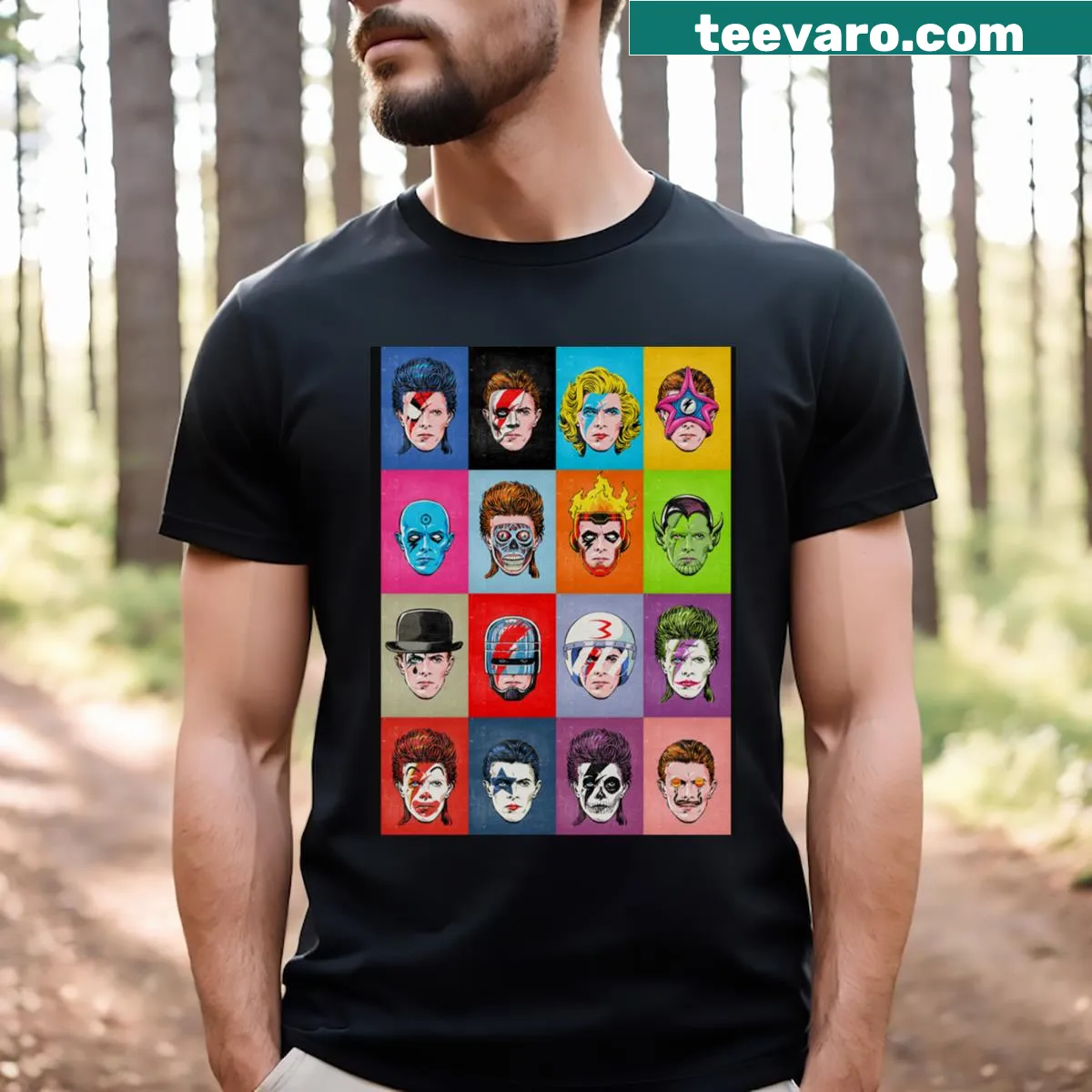 T-shirt featuring various playful interpretations of characters named David — on a men's t-shirt
