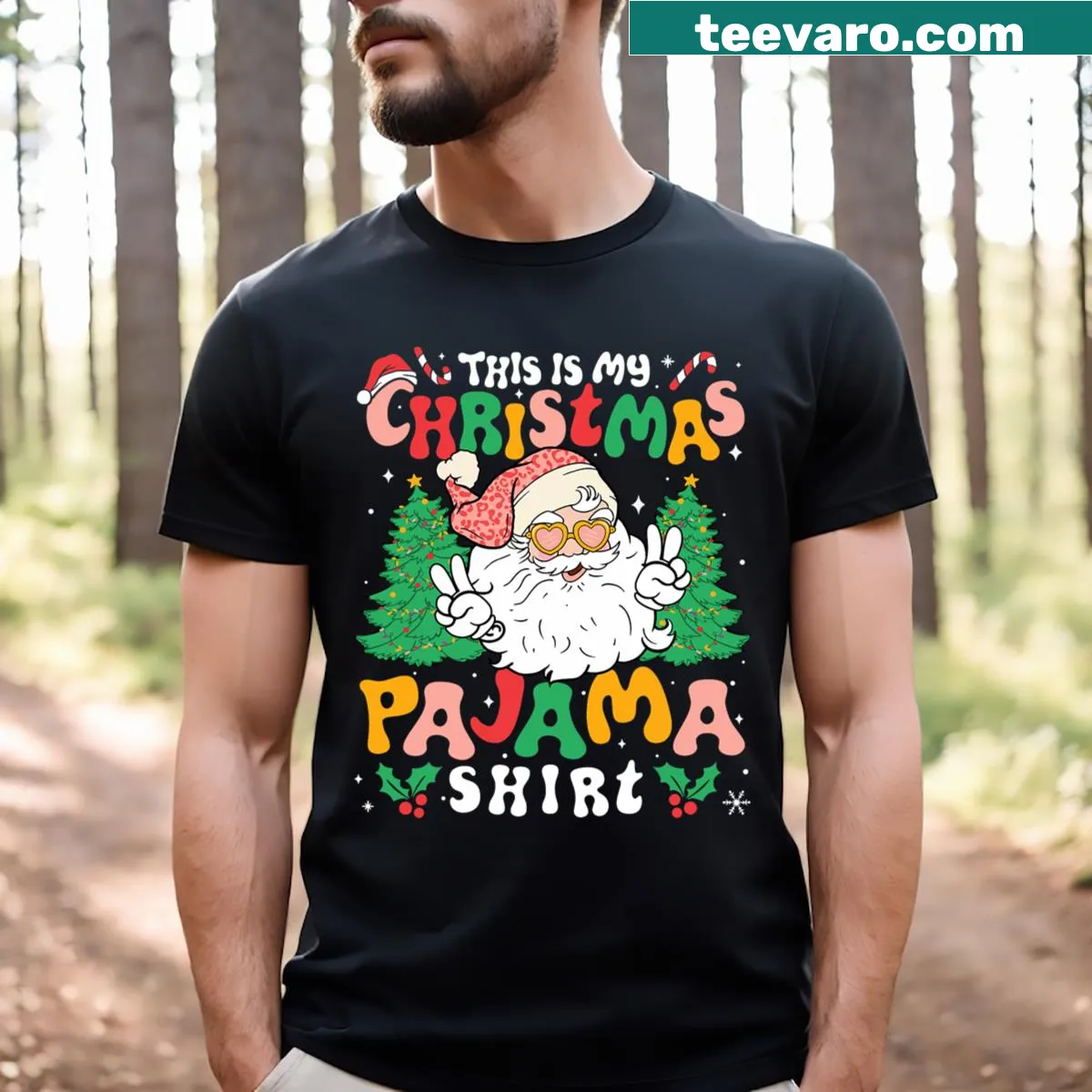 Christmas t-shirt for men with Santa design and pajama text — on a men's t-shirt