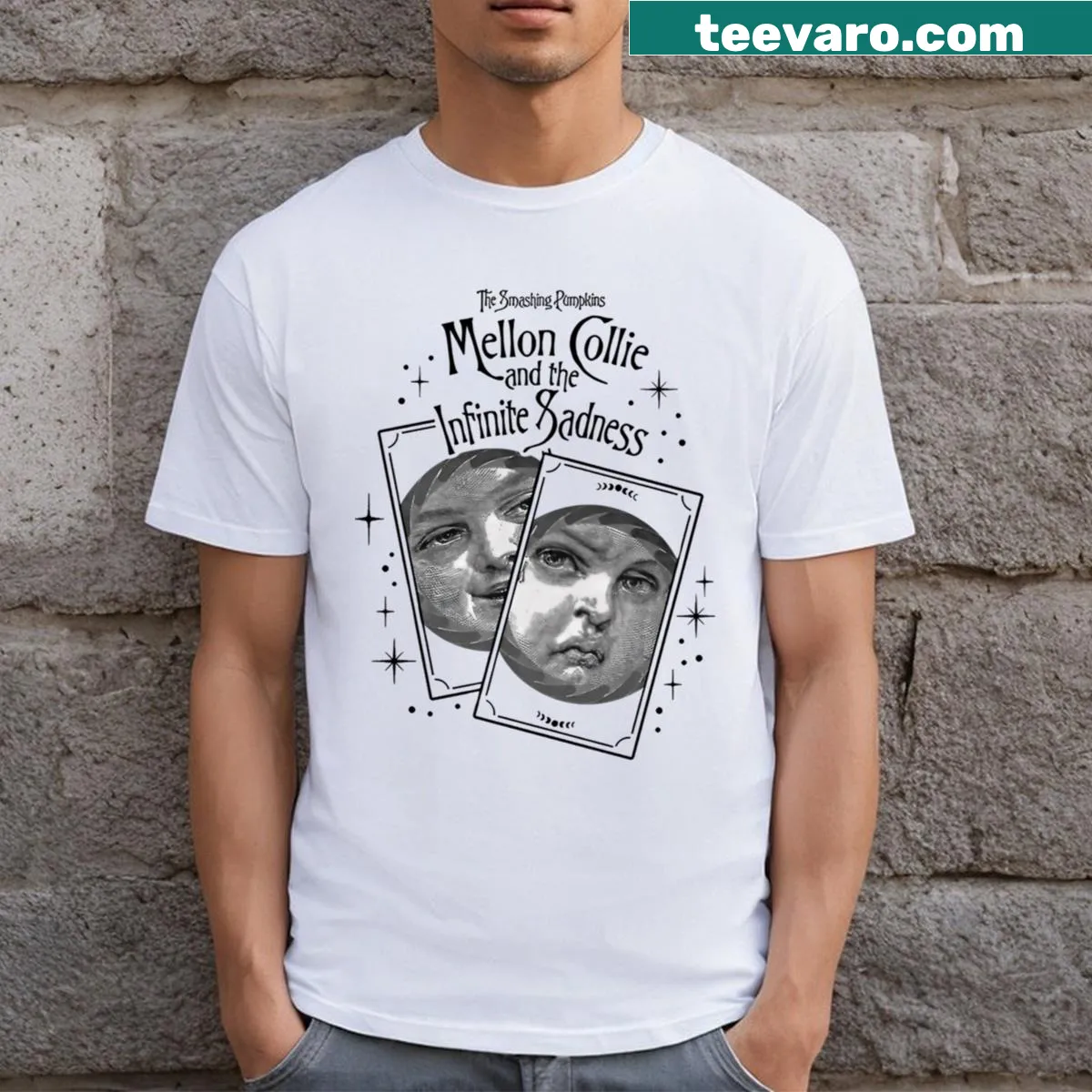 Retro band logo design T-shirt — on a men's t-shirt