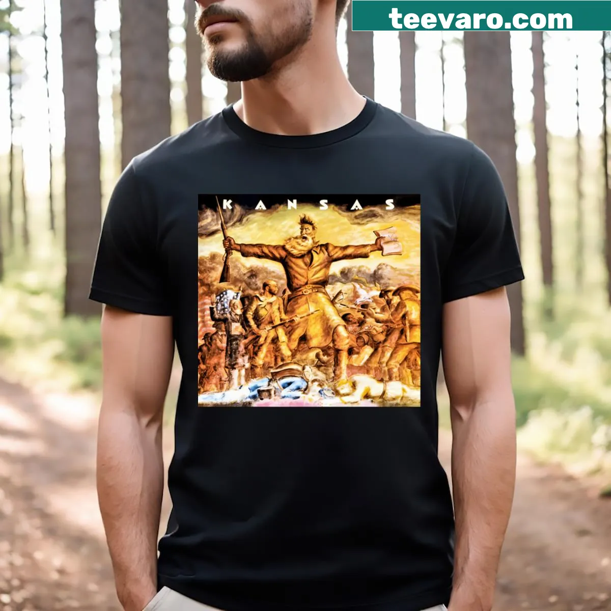 Tour music t-shirt featuring hip-hop and rock band album logos — on a men's t-shirt