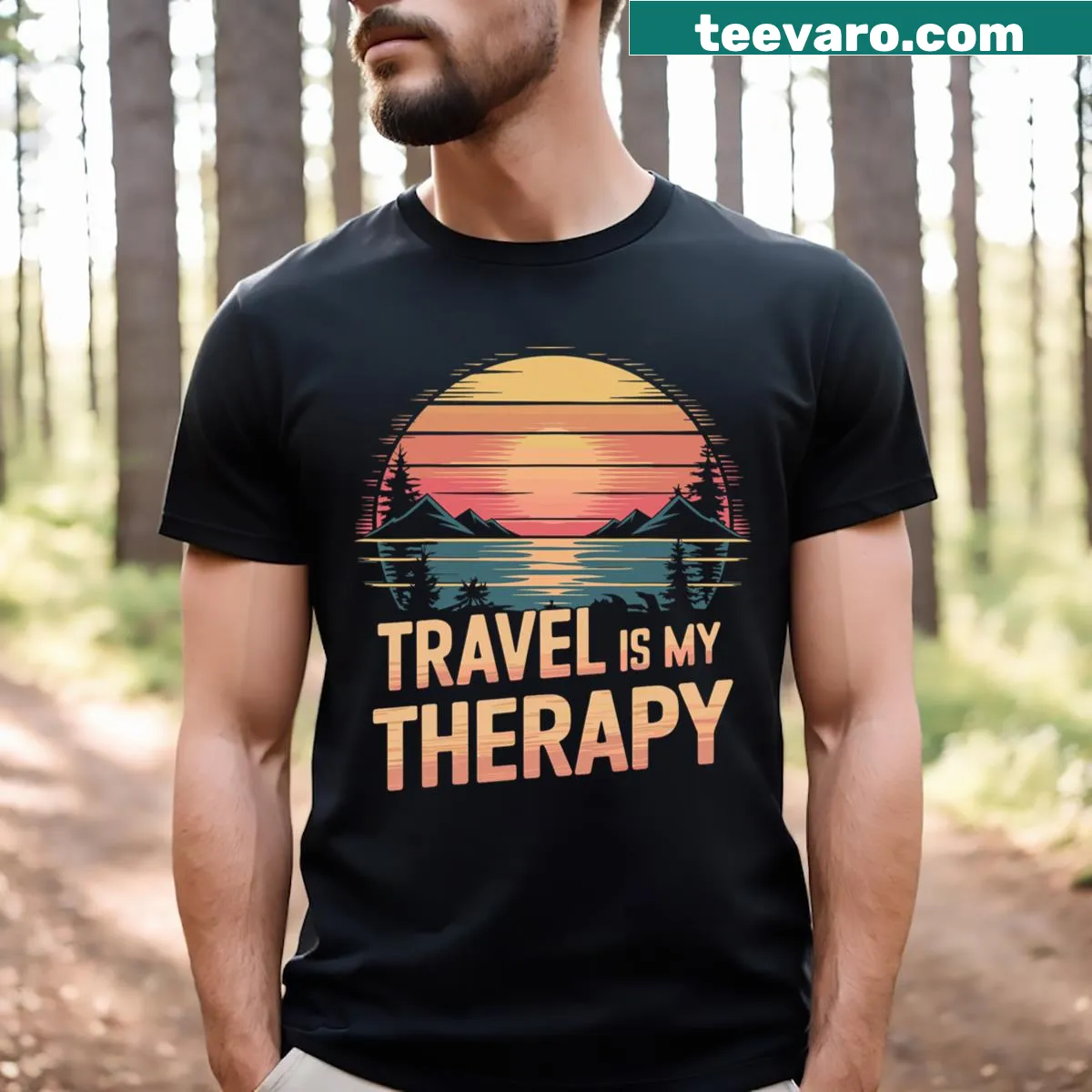 Cute airplane graphic with travel-themed text on t-shirt — on a men's t-shirt