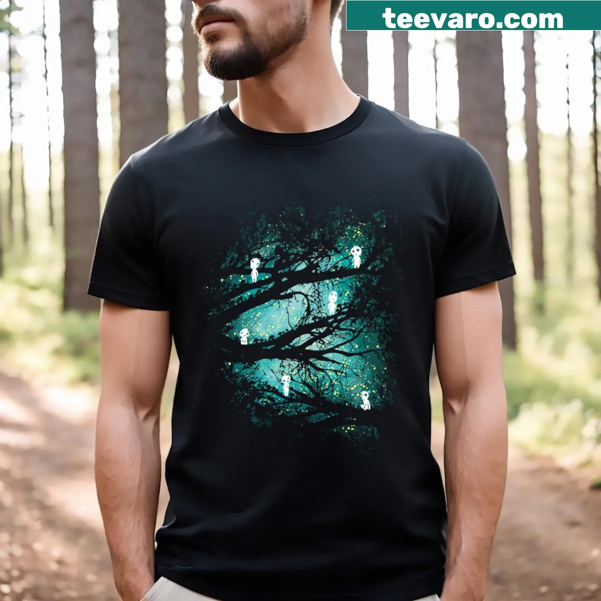Whimsical tree design T-shirt — on a men's t-shirt