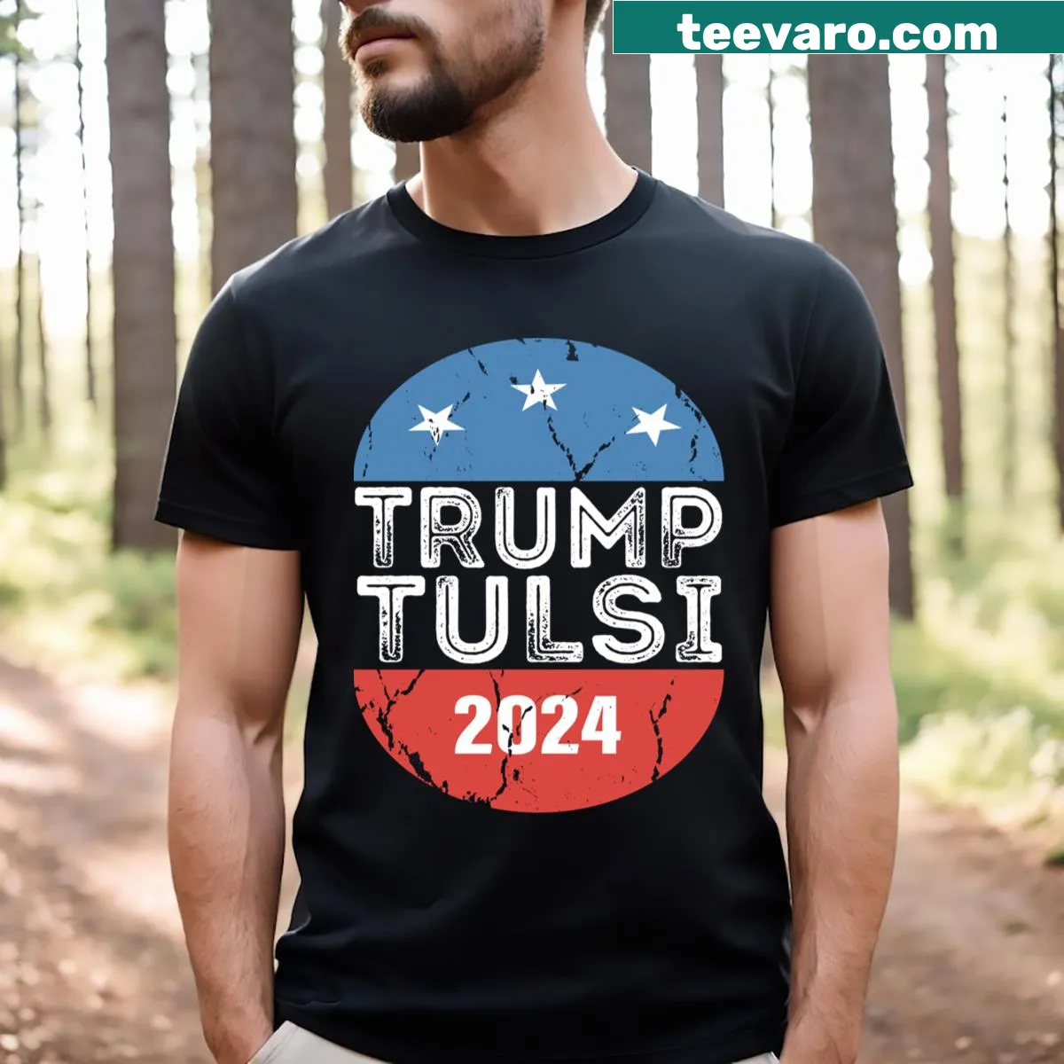 Trump Tulsi 2024 election T-shirt with bold text — on a men's t-shirt