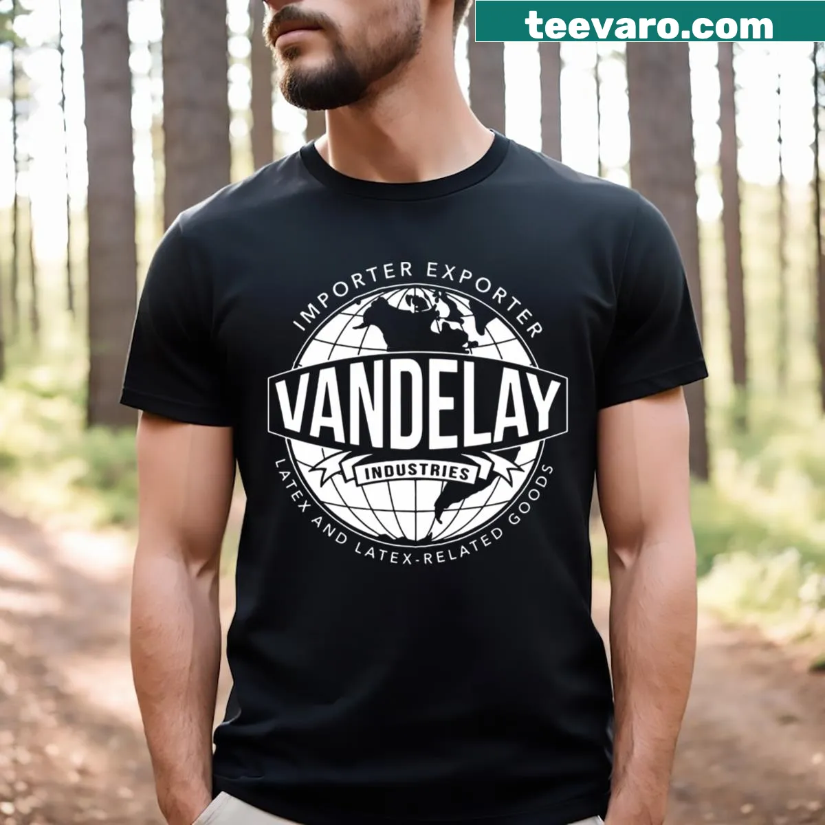Playful Vandelay Industries T-shirt featuring fun typography — on a men's t-shirt