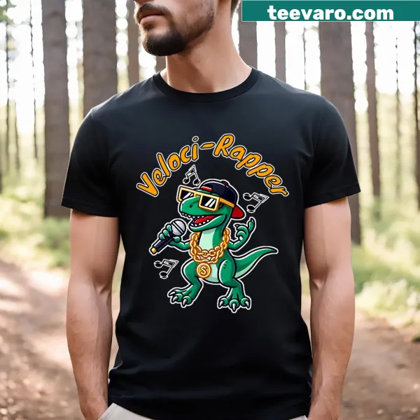 Cartoon velociraptor rapping with a microphone on T-shirt