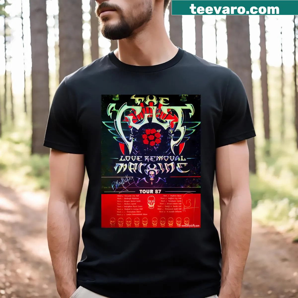 Vintage band music logo t-shirt featuring tour album designs — on a men's t-shirt