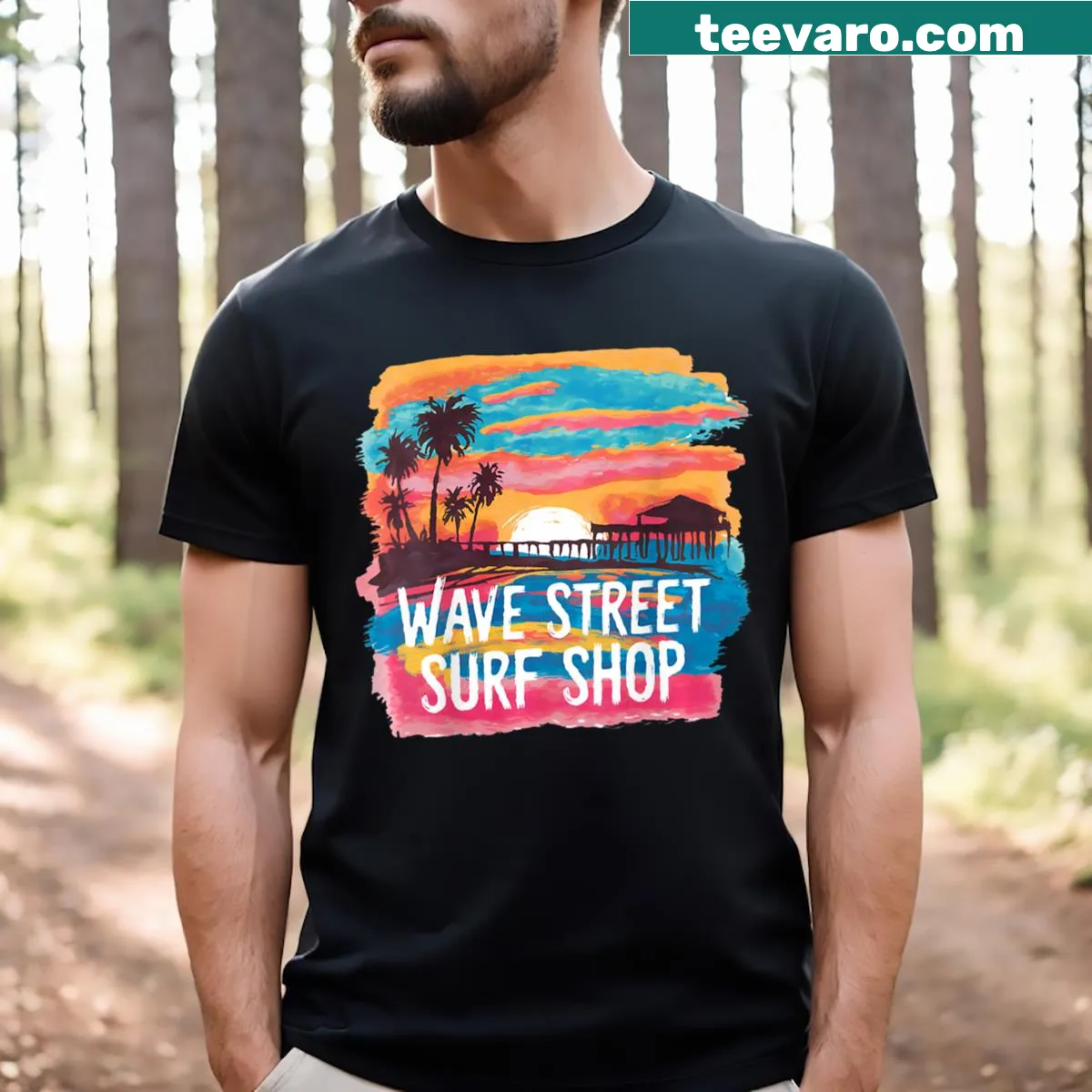 Silhouette graphic of a surf scene at sunset — on a men's t-shirt