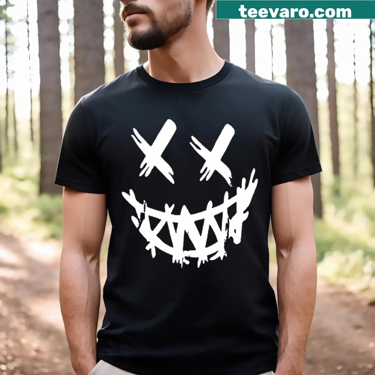 Playful t-shirt with a humorous graphic encouraging smiles — on a men's t-shirt