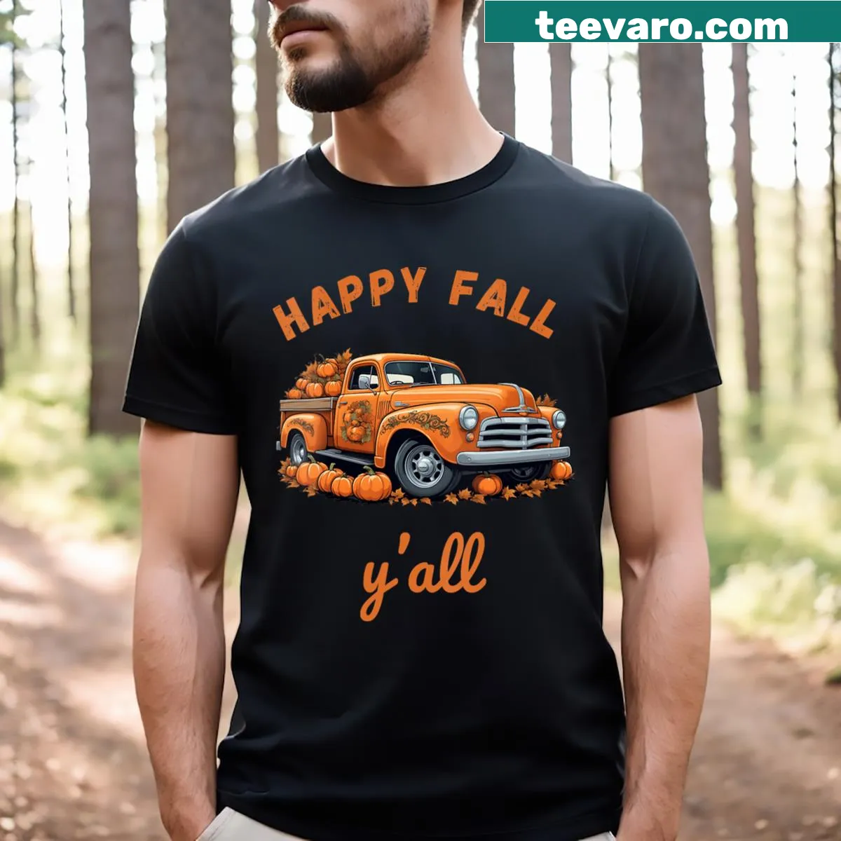 Cheerful fall-themed t-shirt for women with 'Happy Fall Y'all' text — on a men's t-shirt