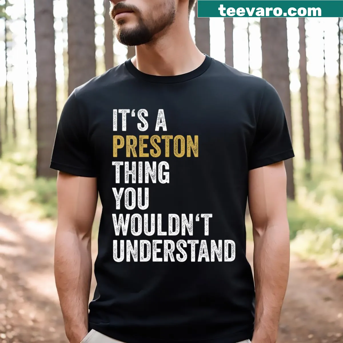 Preston-themed V-neck T-shirt with unique text — on a men's t-shirt