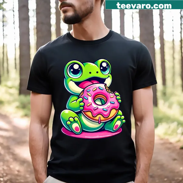 Cute V-neck tee with kawaii frog and donut design