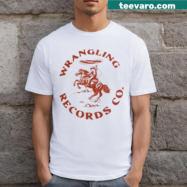 Wrangling Records t-shirt with playful music theme