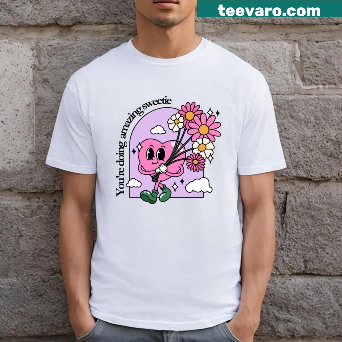 Retro cartoon t-shirt with 'Youre Doing Amazing Sweetie' text — on a men's t-shirt