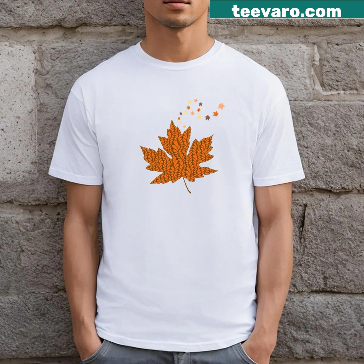 T-shirt featuring cute autumn maple leaf art — on a men's t-shirt