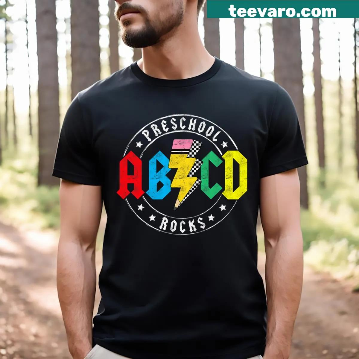 Cheerful T-shirt for pre-K teachers celebrating the first day of school. — on a men's t-shirt