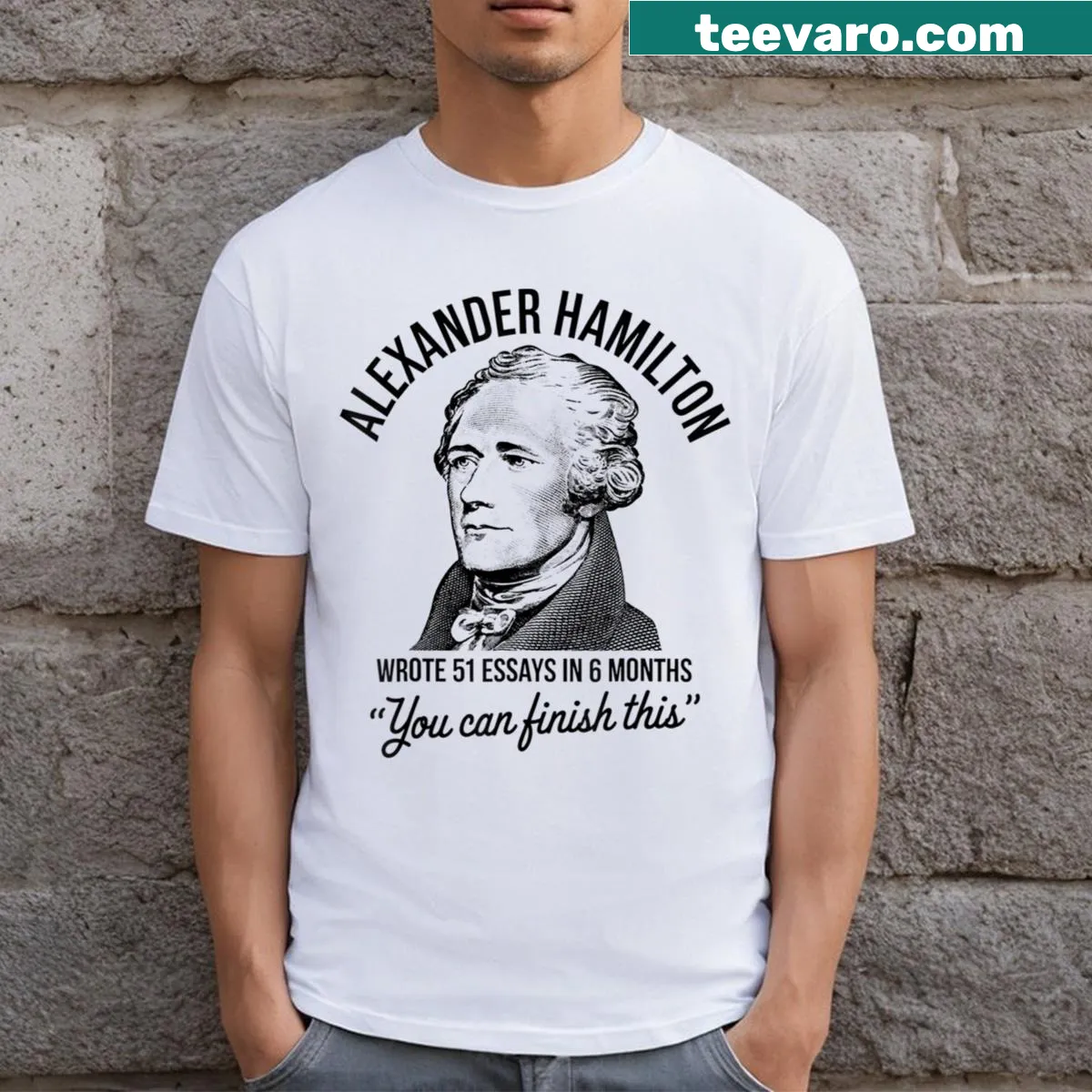 Text celebrating Hamilton's essays on essential t-shirt — on a men's t-shirt