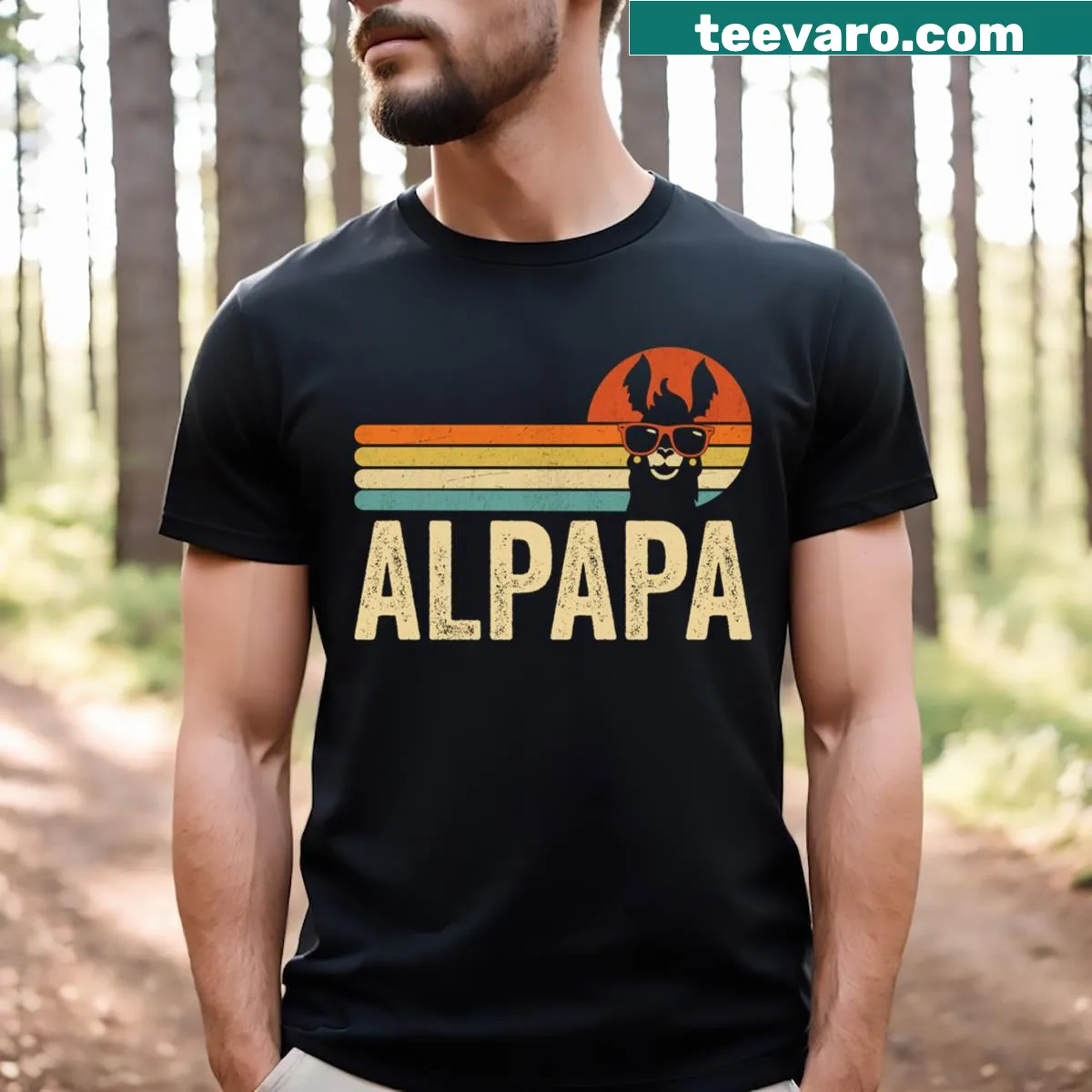 Retro-style t-shirt with 'Alpaca Dad' and llama illustrations — on a men's t-shirt