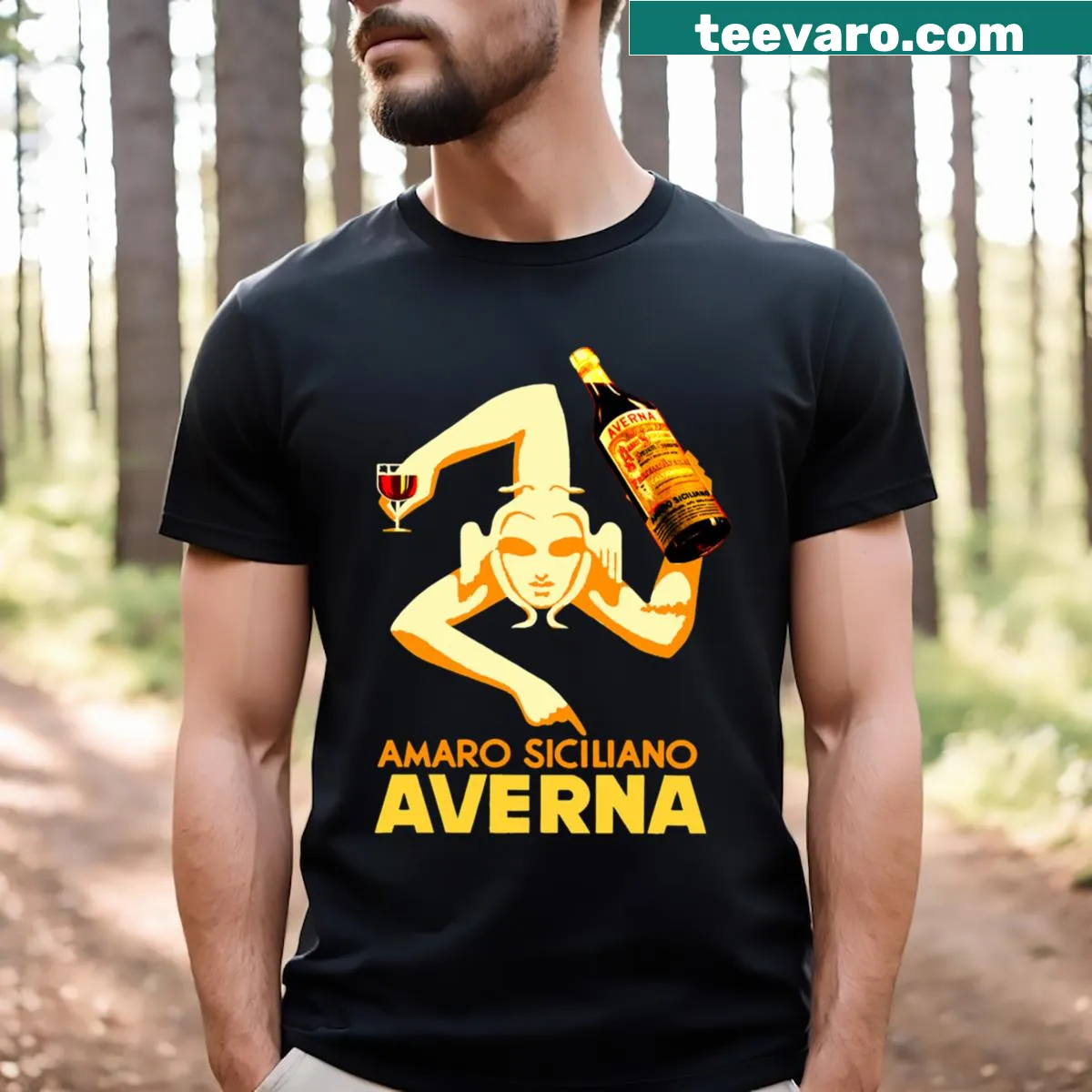 Illustrated t-shirt featuring Amaro Siciliano Averna with festive elements for Christmas and Halloween. — on a men's t-shirt
