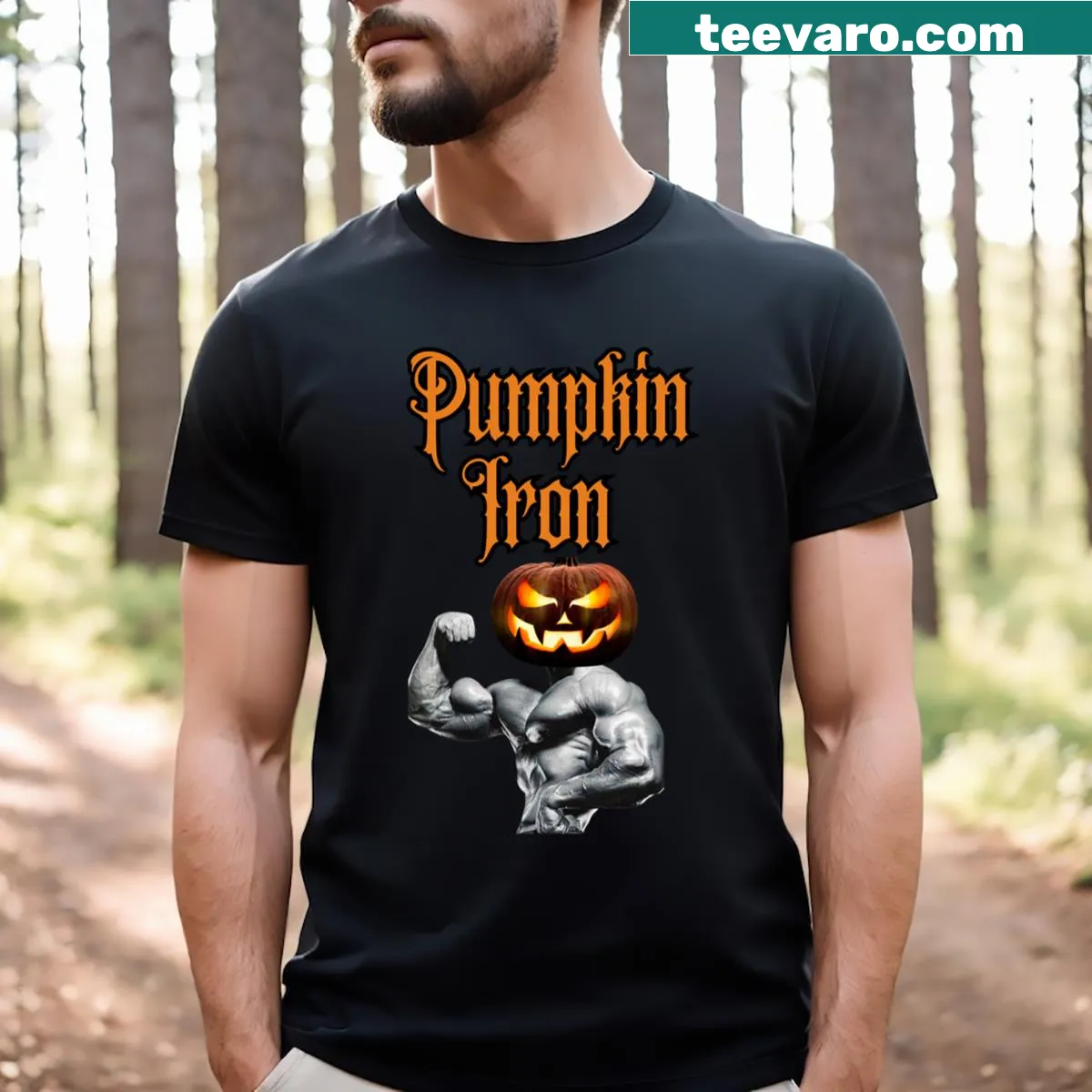 Playful t-shirt featuring 'Arnold Pumpiking' Halloween illustration. — on a men's t-shirt