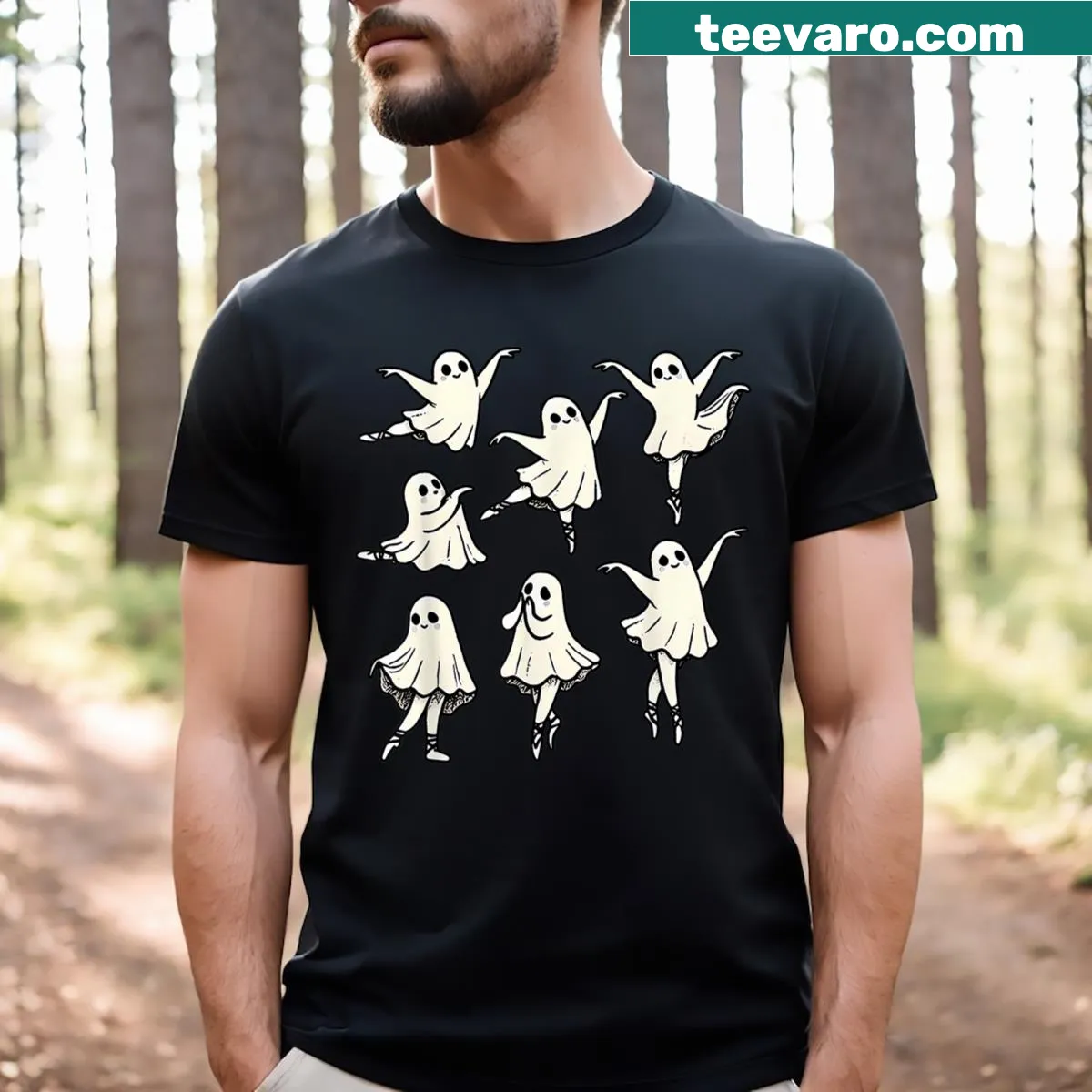 Halloween-themed T-shirt with a ghost in a ballet pose. — on a men's t-shirt