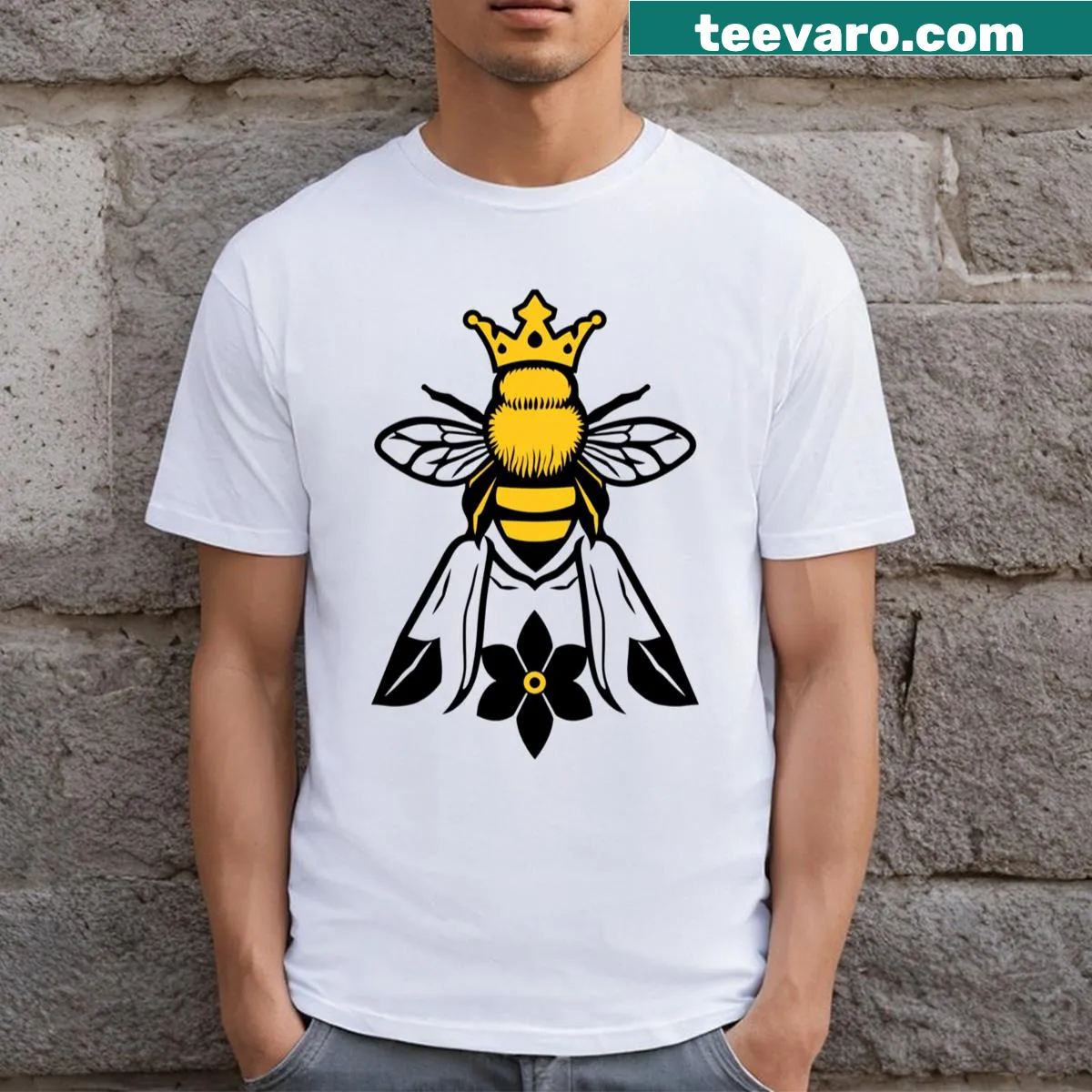 Illustration of a bee queen on a nature-themed T-shirt. — on a men's t-shirt