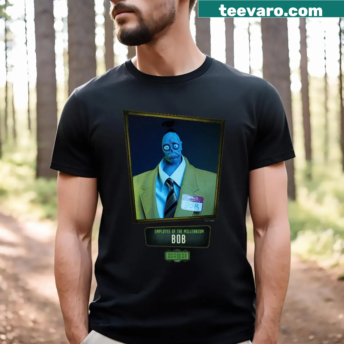 Playful graphic declaring 'Employee of the Millennium' with Beetlejuice — on a men's t-shirt