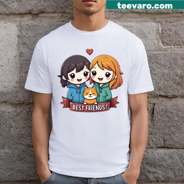 Kawaii T-shirt featuring anime girls and a cute dog graphic