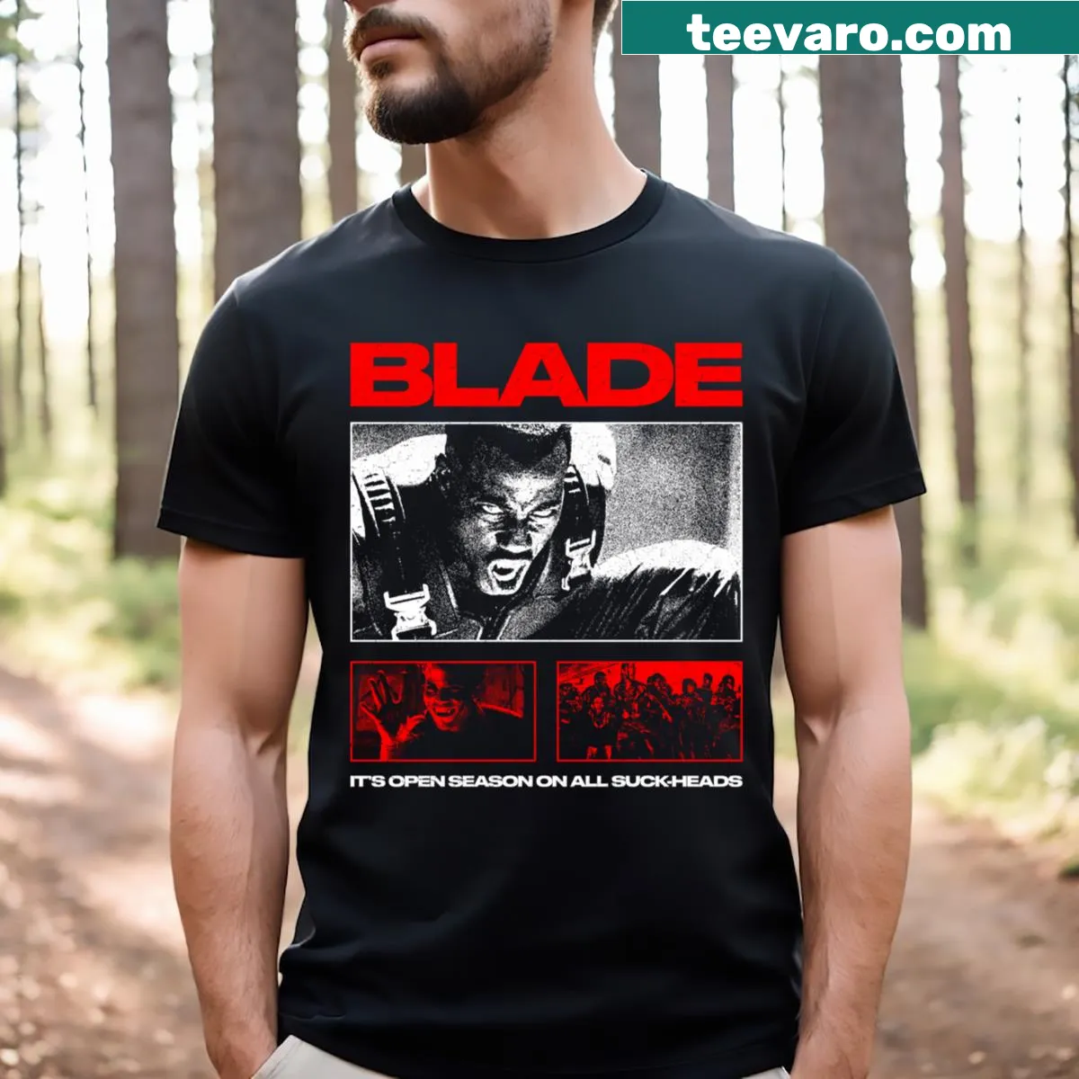 Minimalist Blade graphic t-shirt with bold typography — on a men's t-shirt