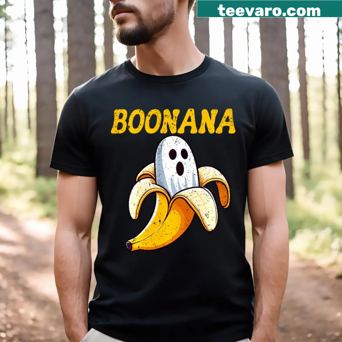 Cute ghost banana design for a kids Halloween t-shirt — on a men's t-shirt