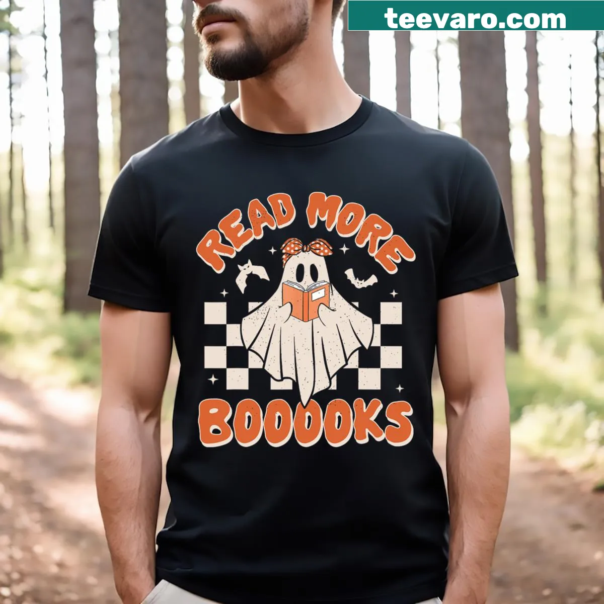 Funny reading-themed Halloween t-shirt with ghost graphic — on a men's t-shirt