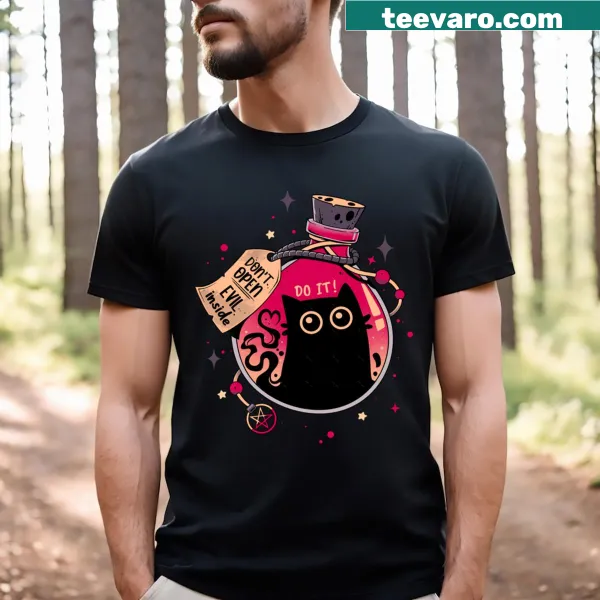 Illustrative t-shirt featuring an evil black cat design