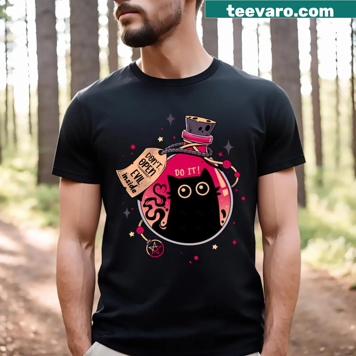Illustrative t-shirt featuring an evil black cat design — on a men's t-shirt